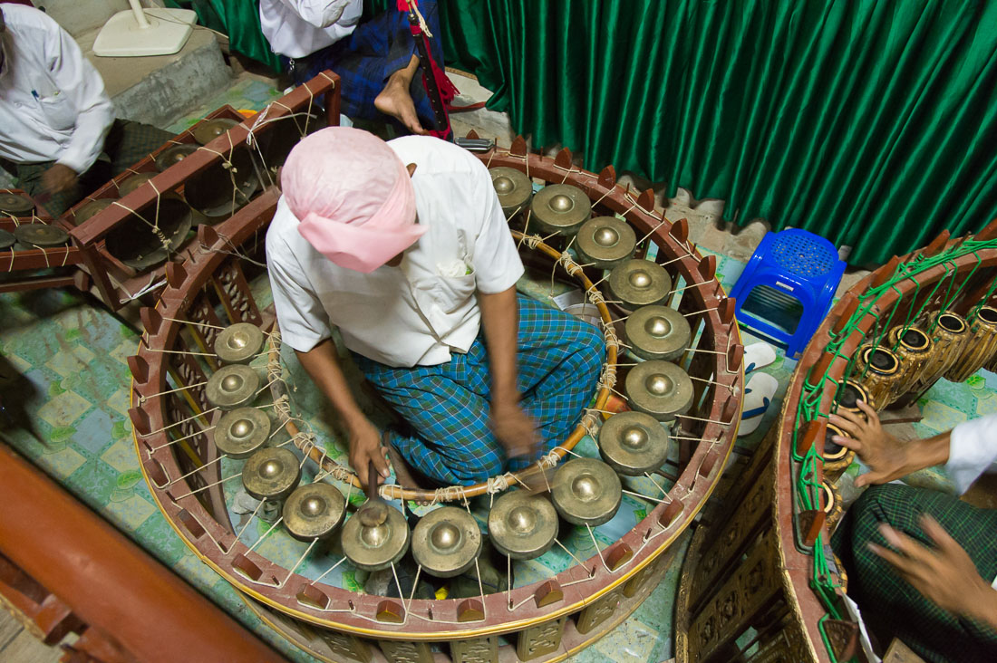 Traditional Burmese musical instruments during a performance of popular dances  at Mintha Theater in Mandalay, Myanmar, Burma, Indochina, South East Asia.