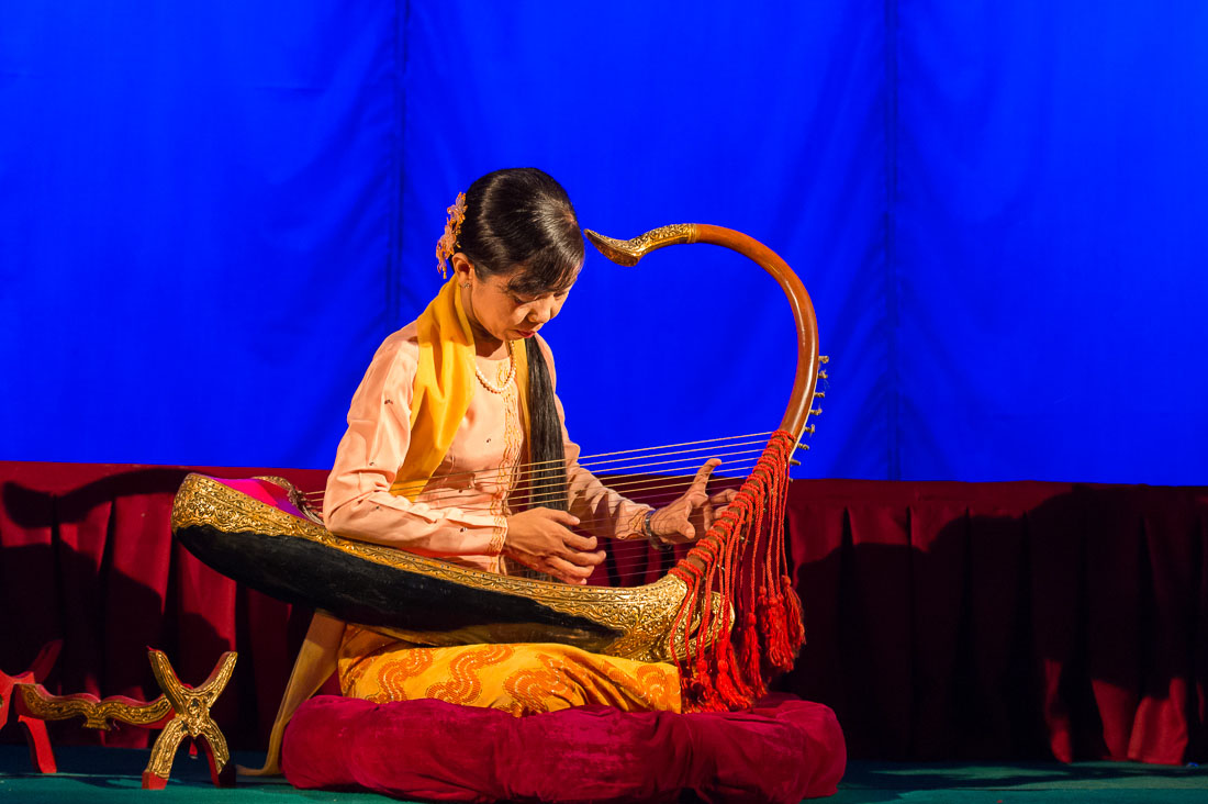 Traditional Burmese harp, the soung, at Mintha Theater in Mandalay, Myanmar, Burma, Indochina, South East Asia.