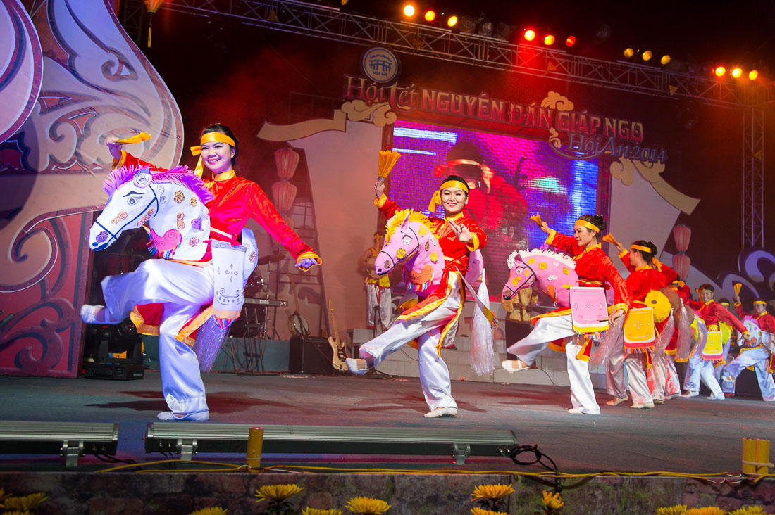 Folkloristic dances for 2014 lunar New Year Tet celebration, Hoi An, Quang Nam Province, Viet Nam, Indochina, South East Asia.