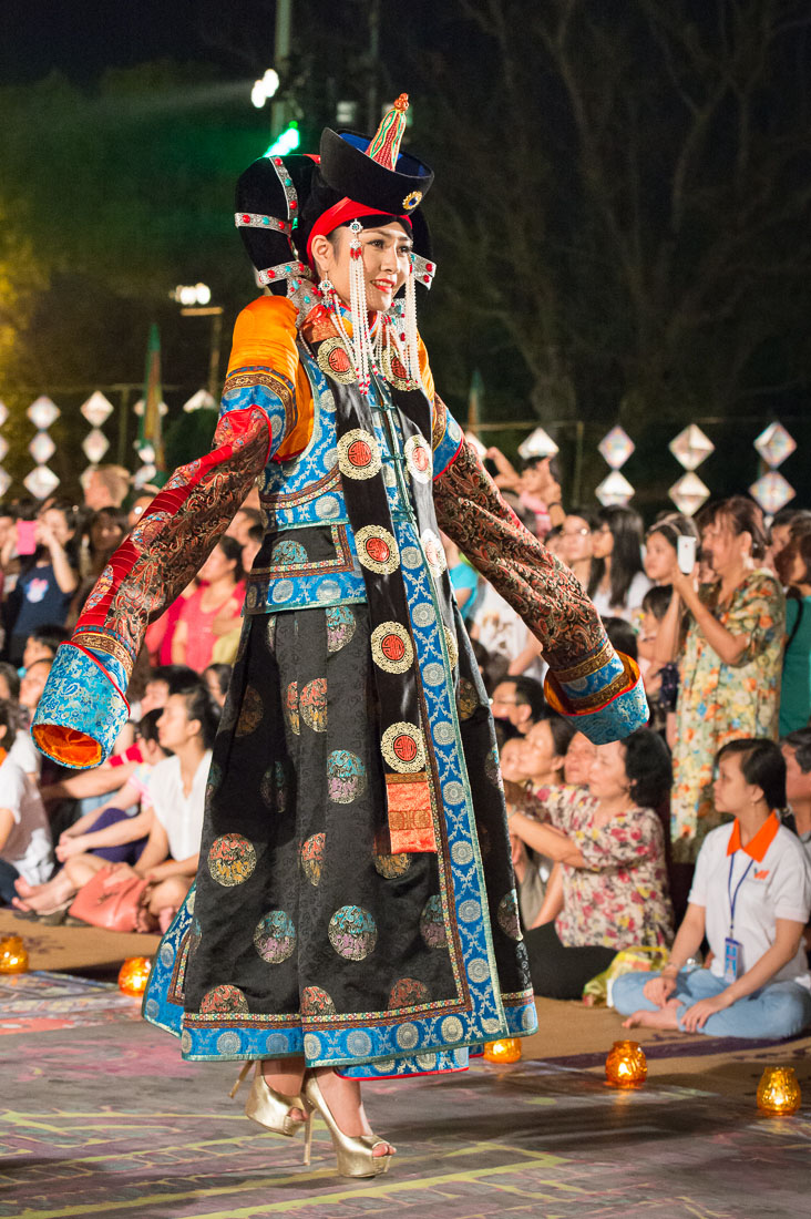 Vietnamese model wearing a Mongolian traditional costume during the Oriental Night at Hue Festival 2014, Thua ThienâHue Province, Viet Nam, Indochina, South East Asia.