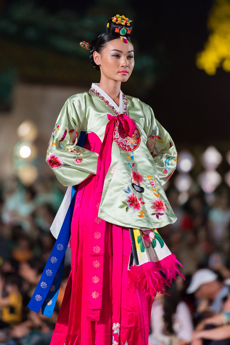 Vietnamese model wearing a Korean traditional costume during the Oriental Night at Hue Festival 2014, Thua ThienâHue Province, Viet Nam, Indochina, South East Asia.