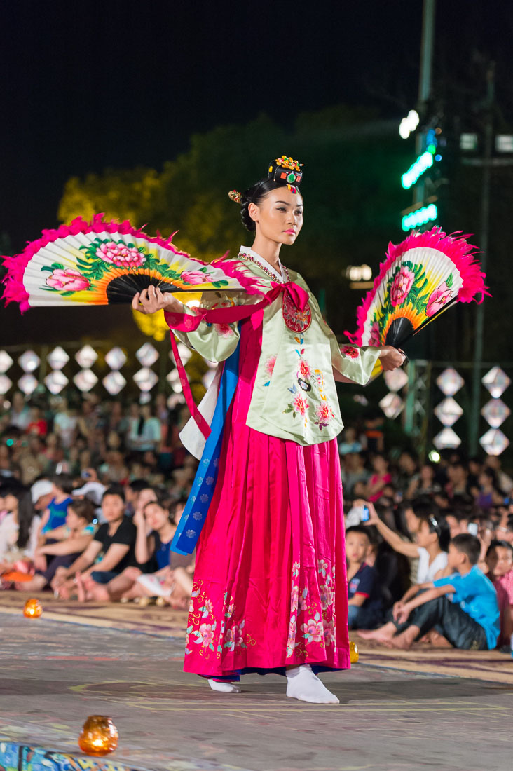 Vietnamese model wearing a Korean traditional costume during the Oriental Night at Hue Festival 2014, Thua ThienâHue Province, Viet Nam, Indochina, South East Asia.