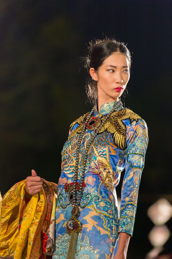 Model wearing a  Vietnamese dress during the Oriental Night at Hue Festival 2014, Thua ThienâHue Province, Viet Nam, Indochina, South East Asia.