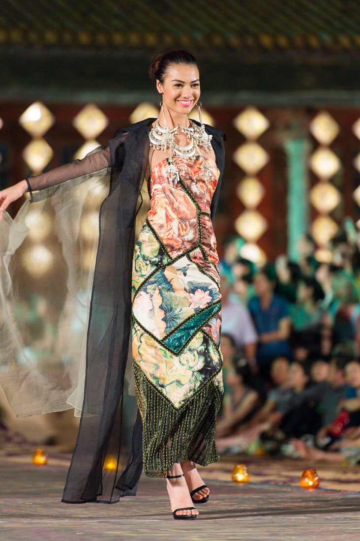 Model wearing a  Vietnamese dress during the Oriental Night at Hue Festival 2014, Thua ThienâHue Province, Viet Nam, Indochina, South East Asia.