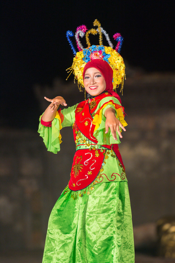 Indonesian artist wearing traditional costume performing at the Hue Festival 2014, Thua ThienâHue Province, Viet Nam, Indochina, South East Asia.