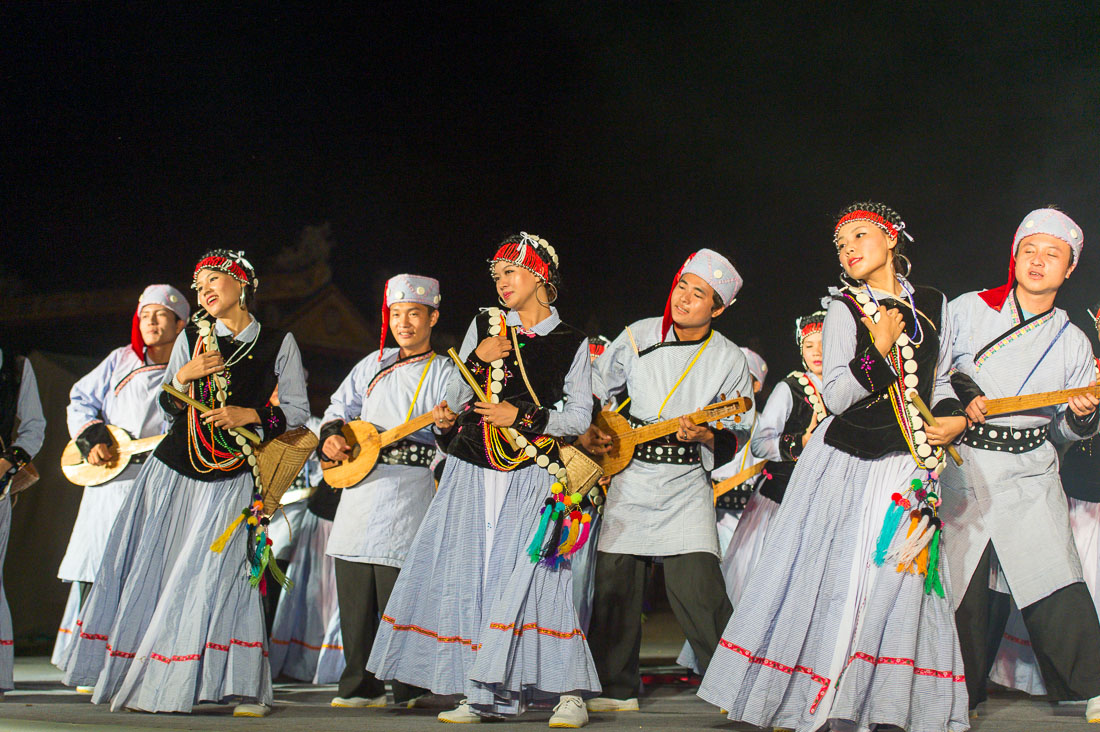 Dancers group from Myanmar wearing traditional costume performing at the Hue Festival 2014, Thua ThienâHue Province, Viet Nam, Indochina, South East Asia.