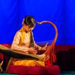 Traditional Burmese harp, the soung, at Mintha Theater in Mandalay, Myanmar, Burma, Indochina, South East Asia.