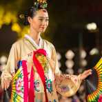 Vietnamese model wearing a Korean traditional costume during the Oriental Night at Hue Festival 2014, Thua ThienâHue Province, Viet Nam, Indochina, South East Asia.