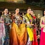 Beautiful Vietnamese models wearing classical Asian costumes during the Oriental Night at Hue Festival 2014, Thua ThienâHue Province, Viet Nam, Indochina, South East Asia.