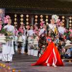 Vietnamese model wearing a Japanese kimono with models in the traditional dress from Viet Nam the ao dai, during the Oriental Night at Hue Festival 2014, Thua ThienâHue Province, Viet Nam, Indochina, South East Asia.