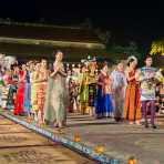 Beautiful Vietnamese models wearing classical Asian costumes during the Oriental Night at Hue Festival 2014, Thua ThienâHue Province, Viet Nam, Indochina, South East Asia.