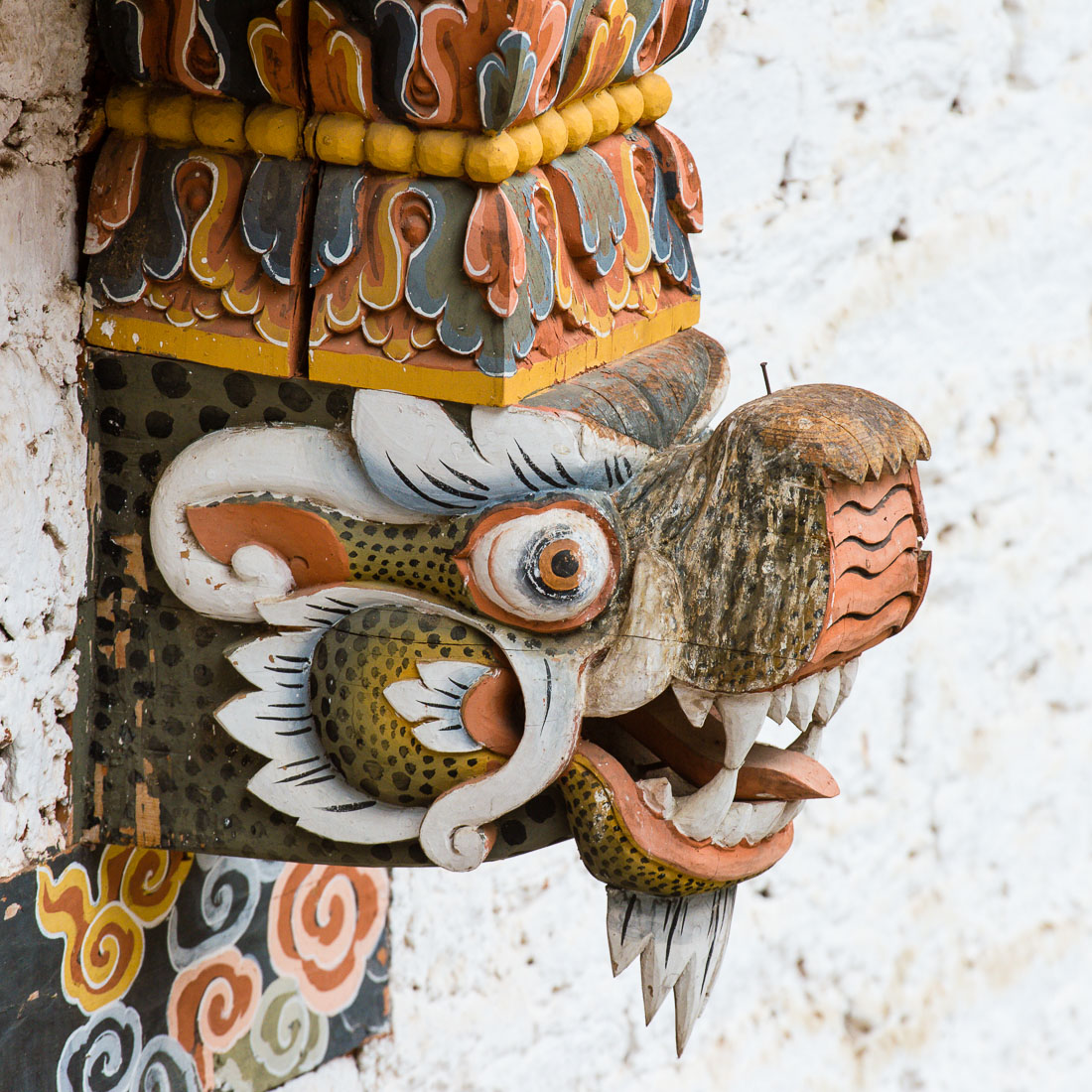 Caryatid in the form of lion head, Punakha Dzong, Kingdom of Bhutan, Asia