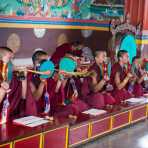 Buddhist monks performing a ritual using drums, bells and trumpets, Rangjung monastery, Kingdom of Bhutan, Asia