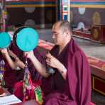 Buddhist monks performing a ritual using drums, bells and trumpets, Rangjung monastery, Kingdom of Bhutan, Asia