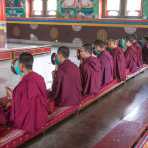 Buddhist monks performing a ritual using drums, bells and trumpets, Rangjung monastery, Kingdom of Bhutan, Asia