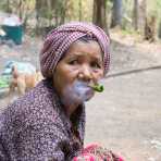 An old woman, from the ethic group of the Bunong people, is rolling and smoking a 'cigarette' made out of tobacco rolled inside a green leaf. Sen Monorom, Mondukiri Province, King of Cambodia, Indochina, South East Asia