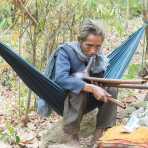 An old man from the ethnic group of the Bunong people playing an homemade  traditional musical instrument. Sen Monorom, Mondukiri province, Kingdom of Cambodia, Indochina, South East Asia