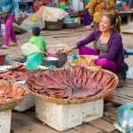 Sra Em market in the Preah Vihea Province, a women is selling sun-dried fish keeping zillion of flies away using a stick and little plastic bags, Kingdom of Cambodia, Indochina, South East Asia