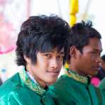 The groomsmen at the wedding cerimony in rural Cambodia, wearing the traditional costume. Kingdom of Cambodia, Indochina, South East Asia