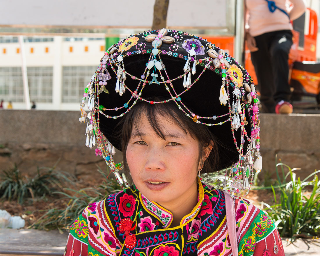 A colorful hat part of the traditional costume worn by the women from the Miao ethnic minority people. Mao Jie village, Wuding County, Yunnan Province, China, Asia. Nikon D4, 24-120mm, f/4.0, VR