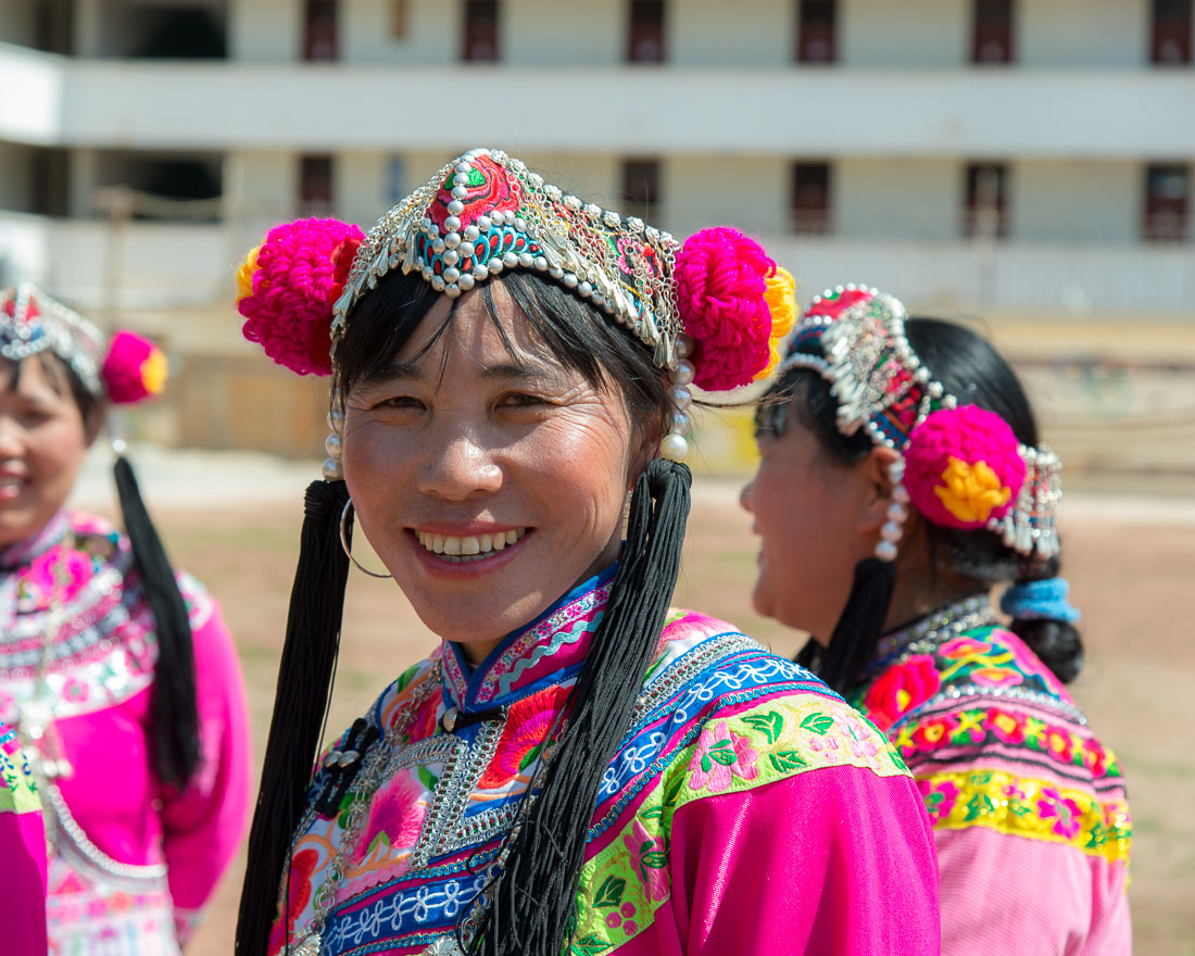 A colorful hat part of the traditional costume worn by the women from the Yi ethnic minority people. Mao Jie village, Wuding County, Yunnan Province, China, Asia. Nikon D4, 24-120mm, f/4.0, VR