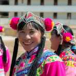 A colorful hat part of the traditional costume worn by the women from the Yi ethnic minority people. Mao Jie village, Wuding County, Yunnan Province, China, Asia. Nikon D4, 24-120mm, f/4.0, VR