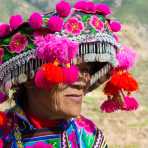 Colorful hat from the Yi ethnic minority people, at the annual festival in Zhi Ju village. Yong Ren County, Yunnan Province, China, Asia. Nikon D4, 24-120mm, f/4.0, VR