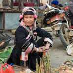 A woman from the Ha Ni ethnic minority people, wearing the traditional costume, selling bamboo shoots at Jin Shui He market, Jin Ping County, Yunnan Province, China, Asia. Nikon D4, 70-200mm, f/2.8, VR II