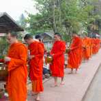 Early morning procession buddhist monks collecting food from worshipper in Luang Prabang. Lao PDR, Laos, Indochina, South East Asia.