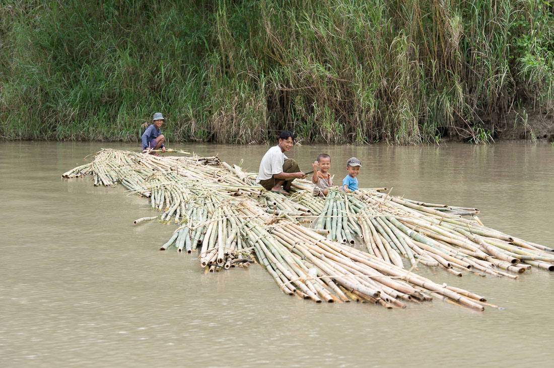 A barge made out of bamboo sticks for sale, sailing with the current down the Lemno river, Rakhine State, Myanmar, Indochina, South East Asia.