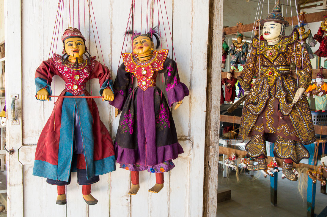 Puppets at souvenir store in Mingo Village, Saghen Province, Myanmar, Indochina, South East Asia