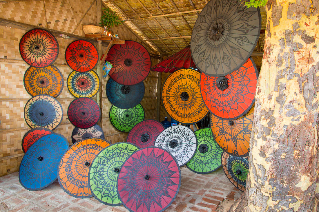 A display of colorful traditional Burmese umbrellas. Manhua Village, Myanmar, Indochina, South East Asia