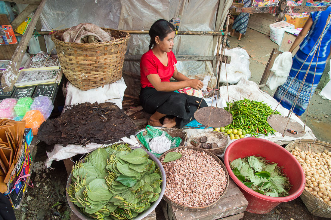 Areca nuts, betel leaves, lime and tobacco to make the perfect paan, the mixture most of the people in Asia are addicted to chew, Mrauk U Village, Rakhine State, Myanmar, Indochina, South East Asia.