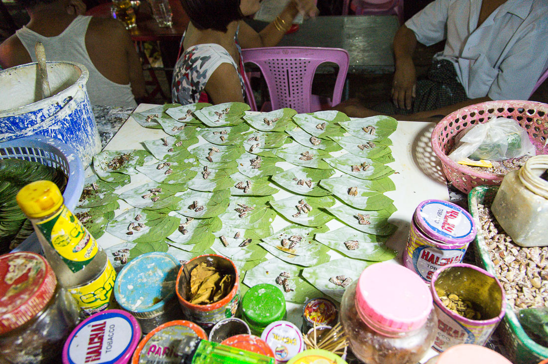 Paan: betel leaves with areca nuts, lime and tobacco most of the people in Asia are addicted to chew. Chinatown, Yangon, Myanmar, Indochina, South EasrtAsia.