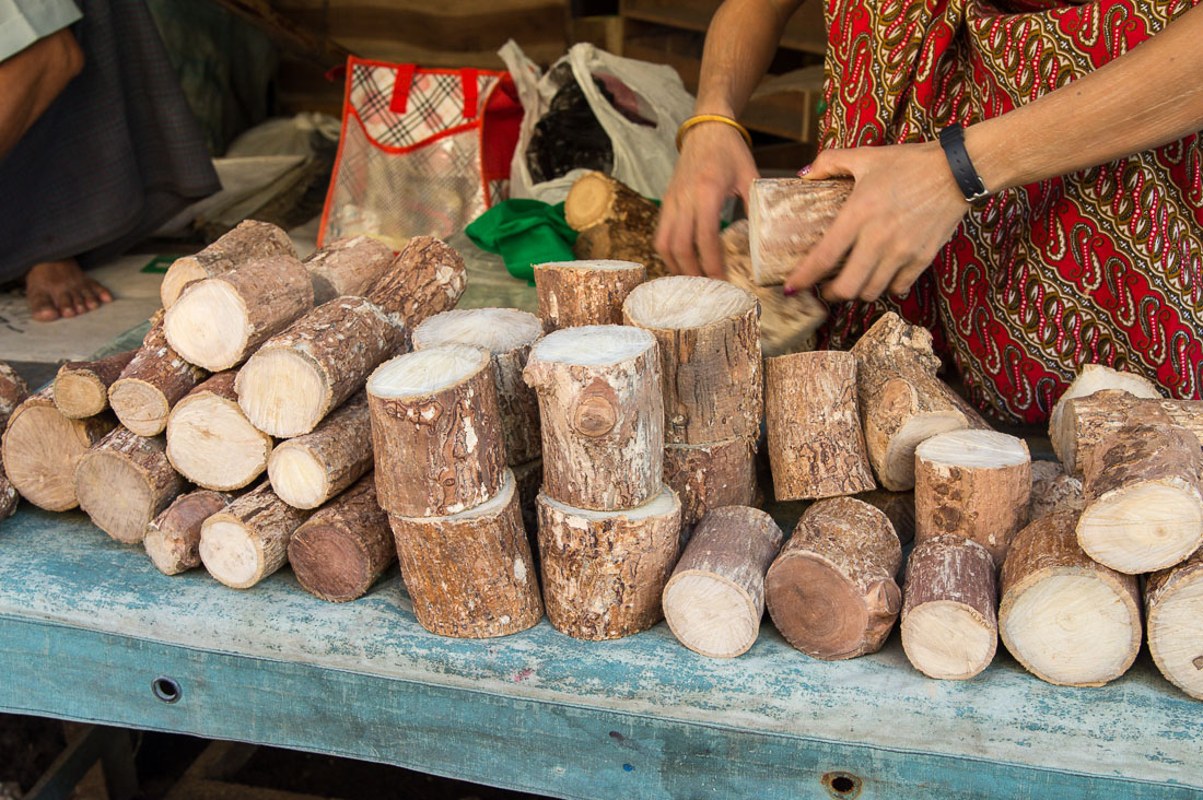 Roots used to prepare Tha Nat Khar a natural cosmetic most Burmese women and man put on their face and arms for sun protection. Market in Sittwe, Rakhine State, Myanmar, Indochina, South Easr Asia.