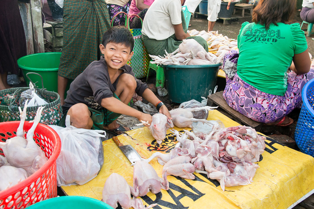 Young smiling boy quartering chickens at market in Sittwe, Rakhine State, Myanmar, Indochina, South Easr Asia.