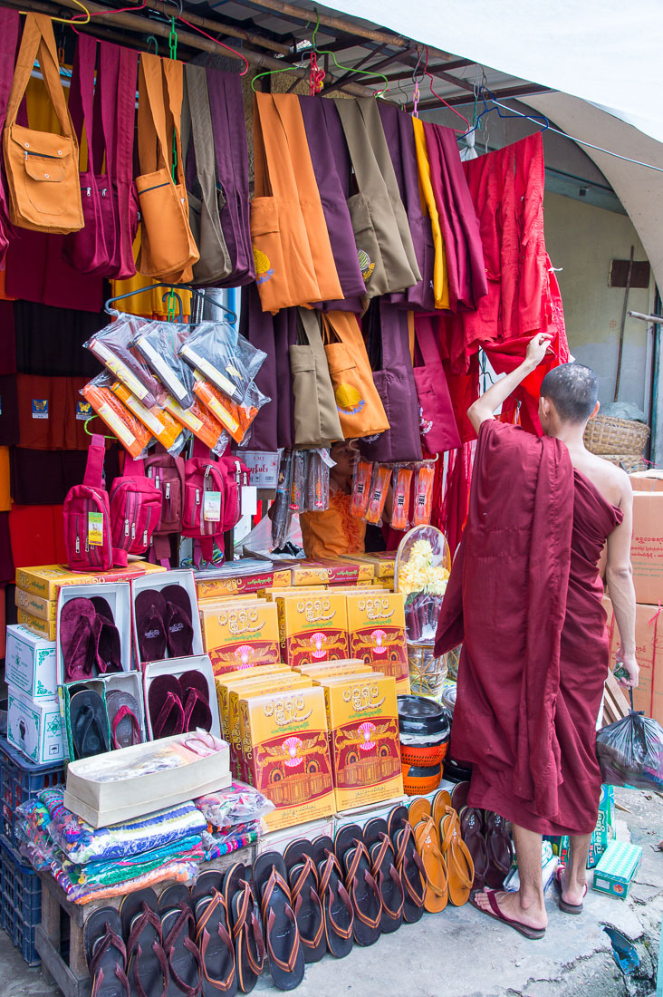 Buddhist monks doing some shopping at a specialized store, Yangon, Myanmar, Indochina, South East Asia.