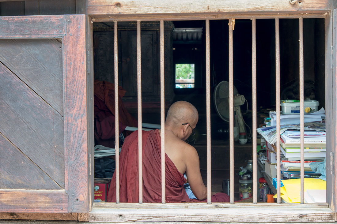 Old Buddhist monk at the Bagaya Monastery, Mingo, Saghen Province, Myanmar, Indochina, South East Asia
