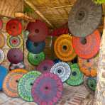 A display of colorful traditional Burmese umbrellas. Manhua Village, Myanmar, Indochina, South East Asia