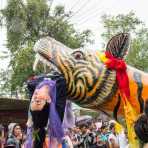 Animated paper mache figures during a popular celebration, Manhua Village, Myanmar, Indochina, South East Asia