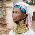Woman from the Kayan people ethnic minority, known as 'giraffe women' because of  their elongated neck caused by the brass coils they wear since children. Bagan, Mandalay Province, Myanmar, Indochina, South East Asia.