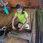 Young woman extracting natural fibers from lotus stems, Kyaing Kan Village, Inle Lake, Shan State, Myanmar, Indochina, South East Asia.