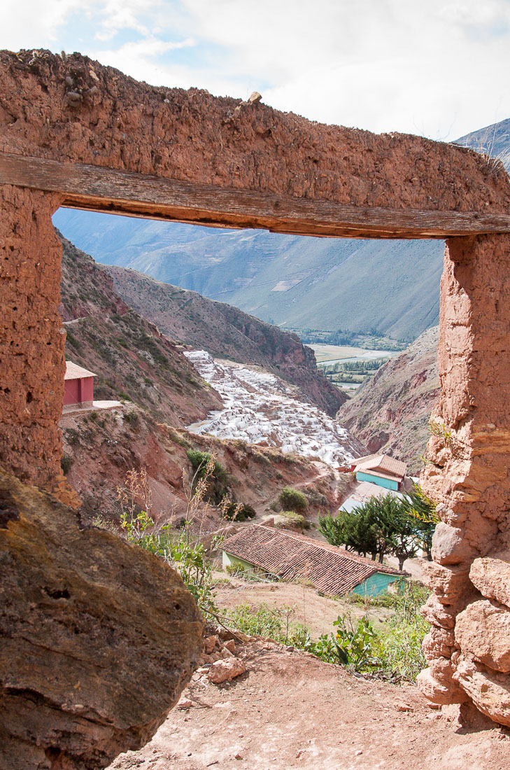 View of the salt pans of Salinas in the Sacred Valley, Cusco, Peru, South America