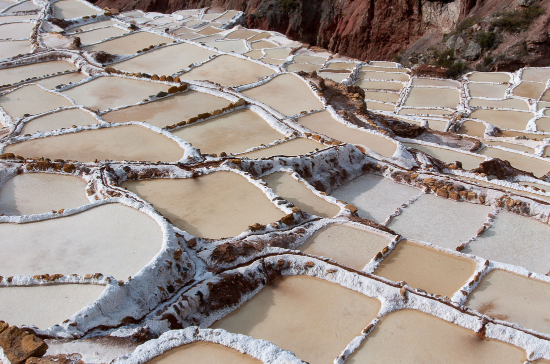 View of the salt pans of Salinas in the Sacred Valley, Cusco, Peru, South America