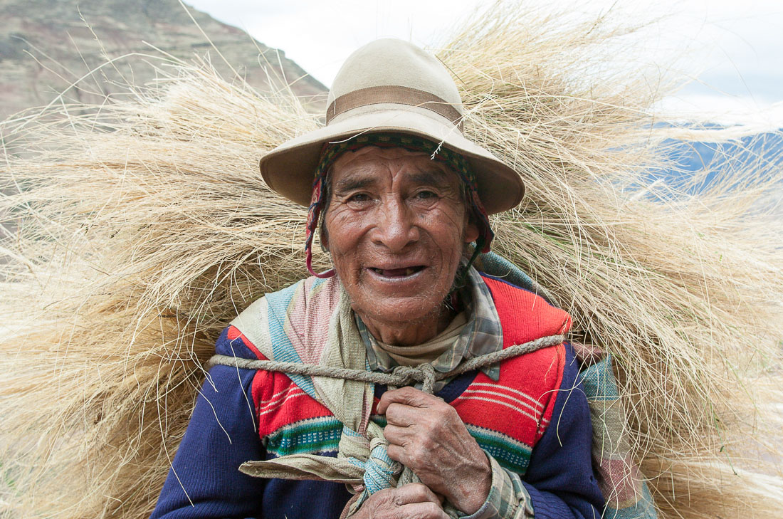 Mariano walking for two days to reach the market and sell his hay, Cordillera Andina of Huayhuash, Peru, South America