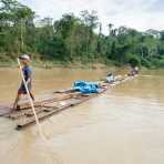 Balseros moving downstream Rio las Piedras on a barge made out of hard wood tied together with ropes, rain forest of Amazon Basin,  Madre de Dios, Peru, South America