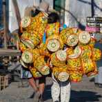 Women carrying straw baskets at the market in Huaraz, Peru, South America