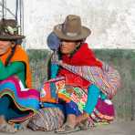 Women wearing traditional costume and hat, Huaraz, Peru, South America