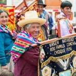 People from Chinchero ready to perform in religious parade, Sacred Valley, Cusco, Peru, South America