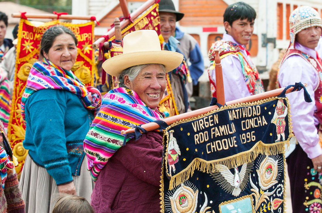 People from Chinchero ready to perform in religious parade, Sacred Valley, Cusco, Peru, South America